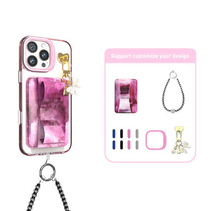 Pink phone case with bow holder, supports personalized custom accessories