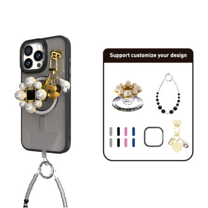 A transparent black-rimmed phone case with a pearl flower charm (including a gold heart) supports MagSafe charging. Customization options are shown on the right: the same charm, a black bead chain, four-color silicone accessories, and a metal ring buckle.