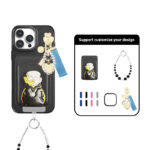 Personalized black lychee-textured phone case with cartoon police graphic and gold charm