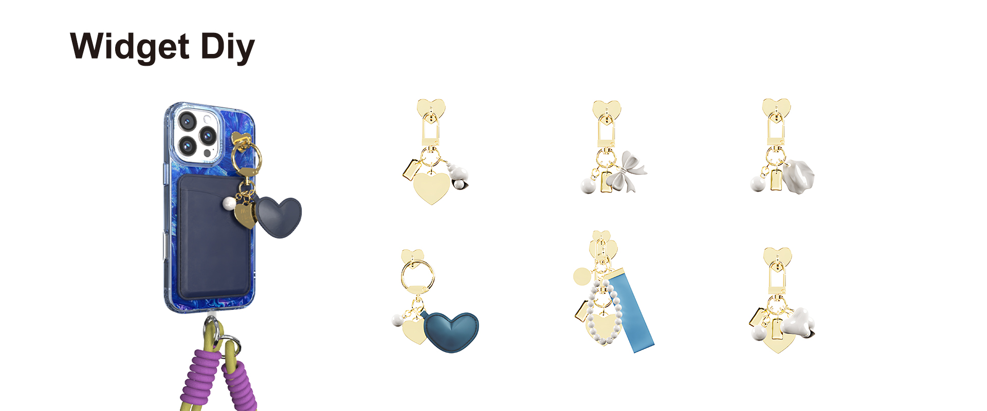 Personalizable DIY functional phone case accessory set with card pocket - gold metal decorations, pearls and blue pendant display
