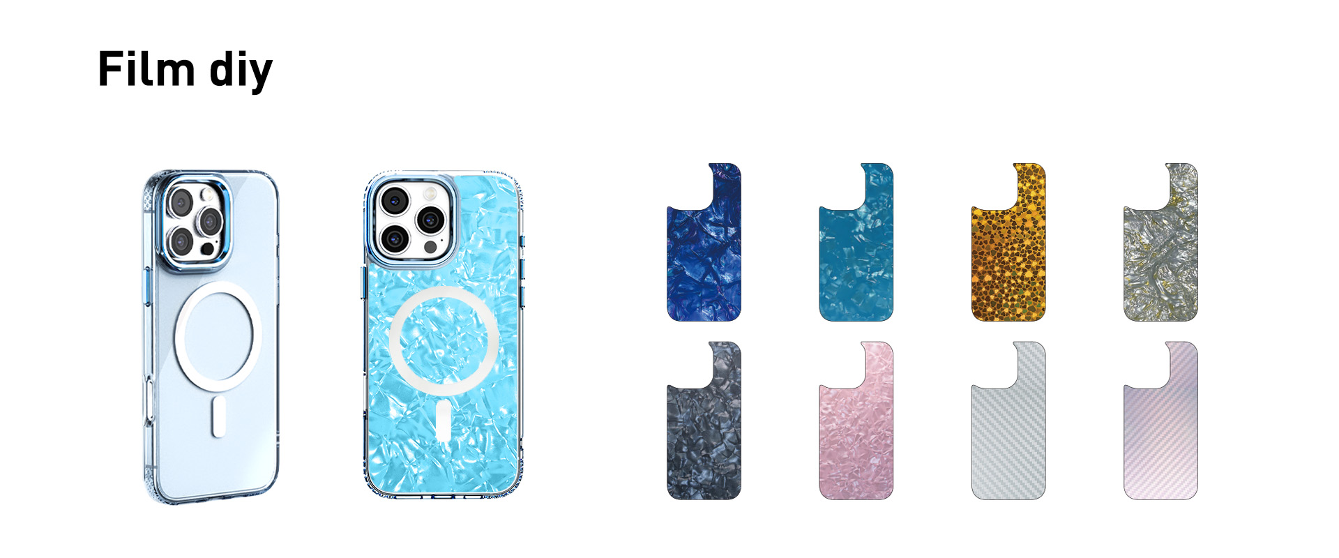 Film DIY phone case and screen protector set - light blue ice crackle case, clear protective case and multi-color screen protectors (gold, silver, pink, carbon fiber, etc.)