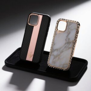 Black and marble texture phone case with rose gold trim, stylish design