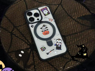 Halloween themed panda magnetic phone case, PANDA WORLD sticker with panda in witch hat