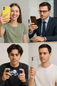 Young professional using leather wallet phone case in a work setting