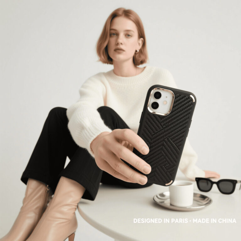 Main image showing a fashion phone case styled with sunglasses, handbag, and coffee on a marble table, highlighting phone case as a fashion accessory
