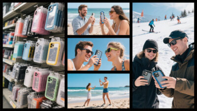 Colorful phone case shelves and a collage of four-season outdoor usage scenes