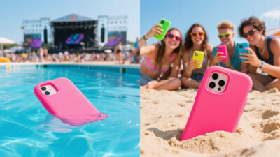 Summer music festival pool and beach mobile phone usage scene, pink phone case and multi-color device