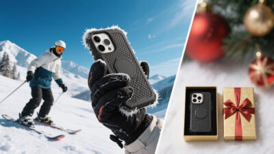 Ski-themed holiday phone case: snow sports and Christmas gift box dual scene display