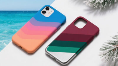 Two gradient iPhone cases on display: blue, purple, orange ripples and red, green, and white stripes