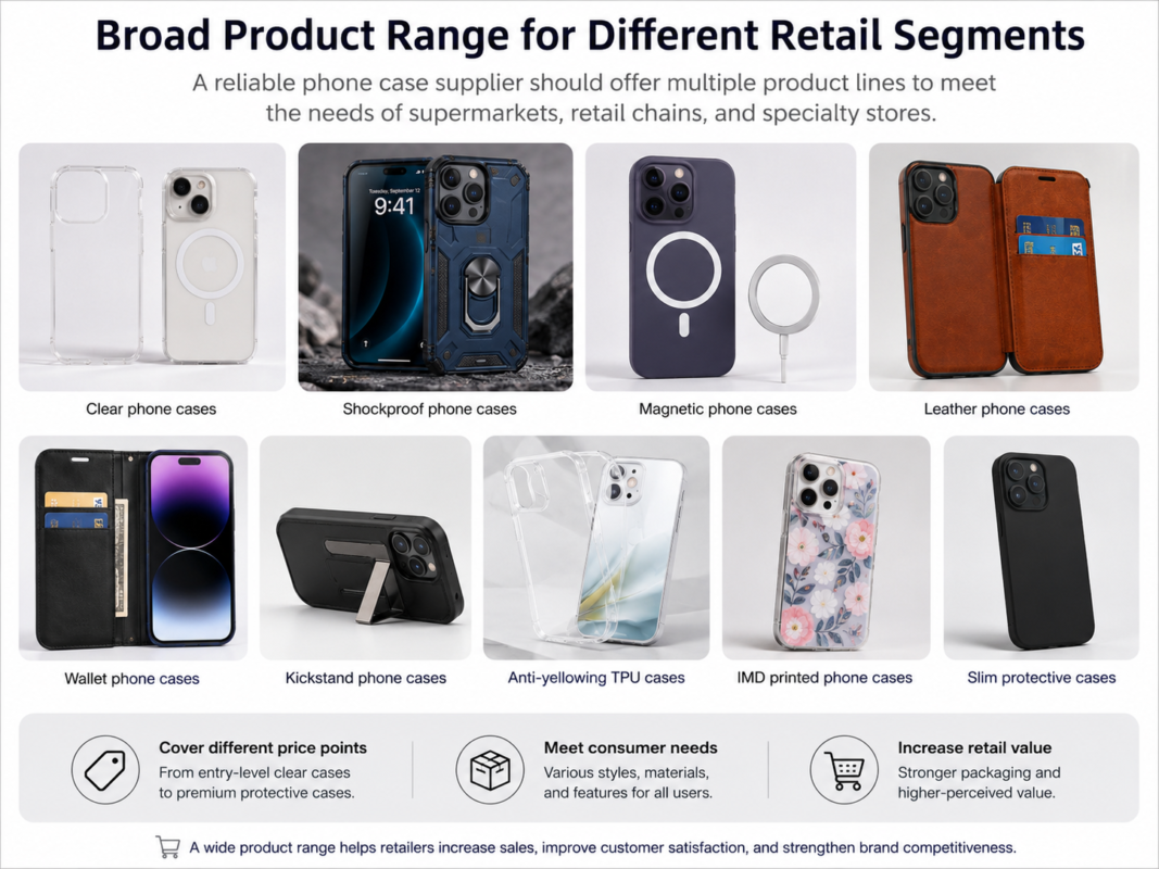 Phone case product range for retail chains including clear, shockproof, magnetic, leather, wallet, kickstand, TPU, and printed cases