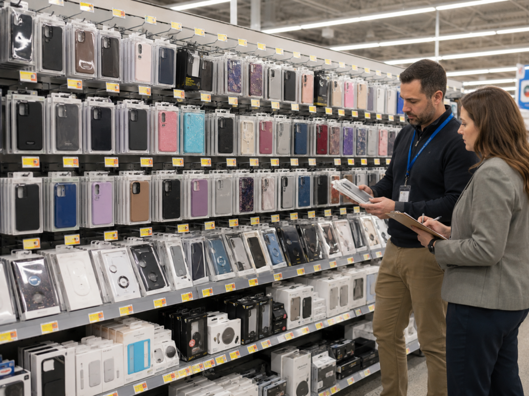 Retail buyers reviewing phone case shelf display in a U.S. supermarket electronics aisle