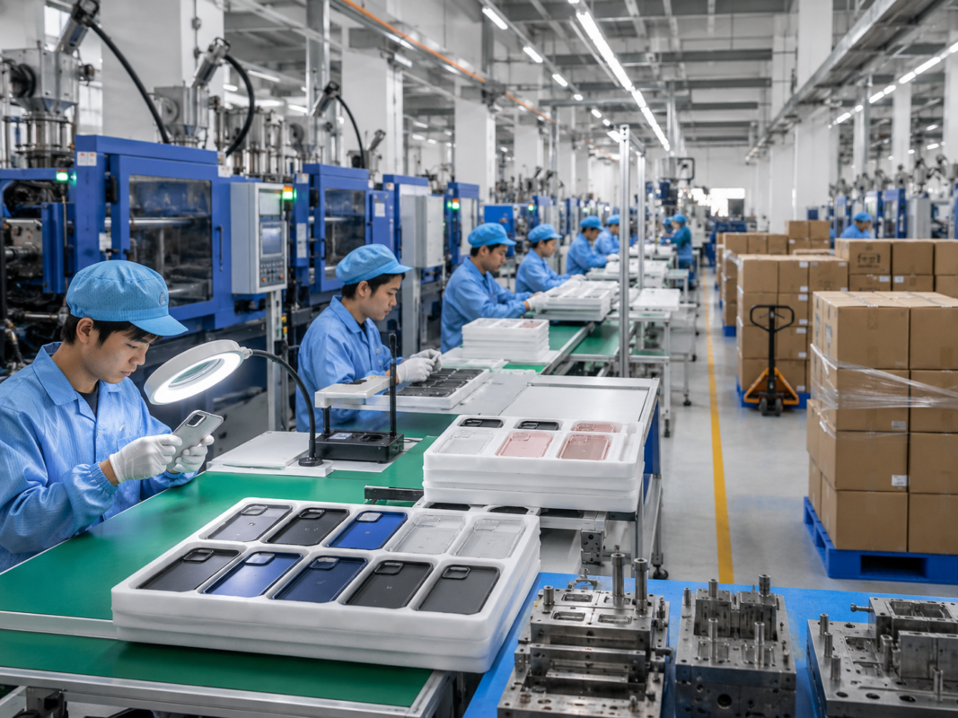 Phone case production line in a modern factory with quality inspection and large-volume manufacturing capacity