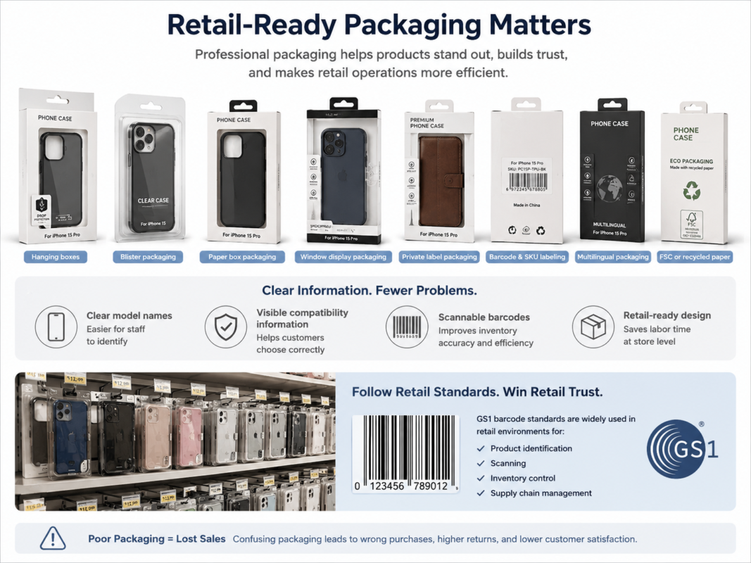 Retail-ready phone case packaging options with barcode labeling, multilingual packaging, and shelf display formats