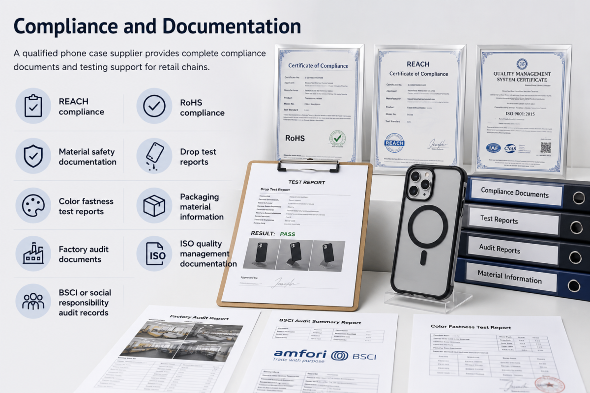 Phone case compliance documents and test reports including REACH, RoHS, ISO, drop test, and factory audit records