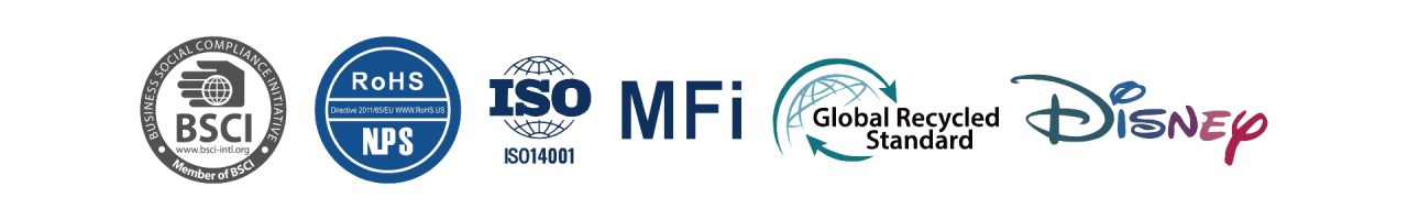 A set of corporate compliance and partnership logos, including BSCI, RoHS/NPS, ISO 14001, Apple MFi, Global Recycled Standard (GRS), and Disney.